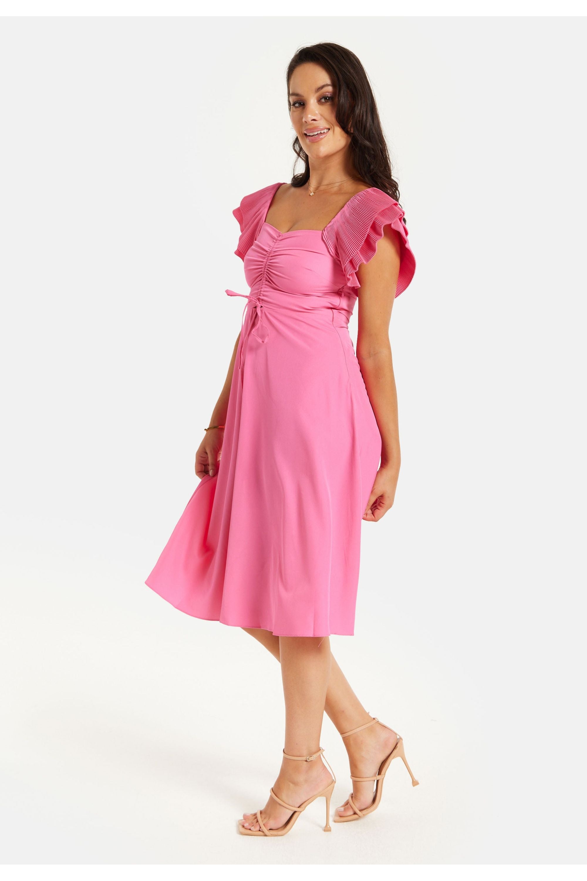 Frill Sleeves Midi Dress In Pink With Ruching Front HOHSS230066LP