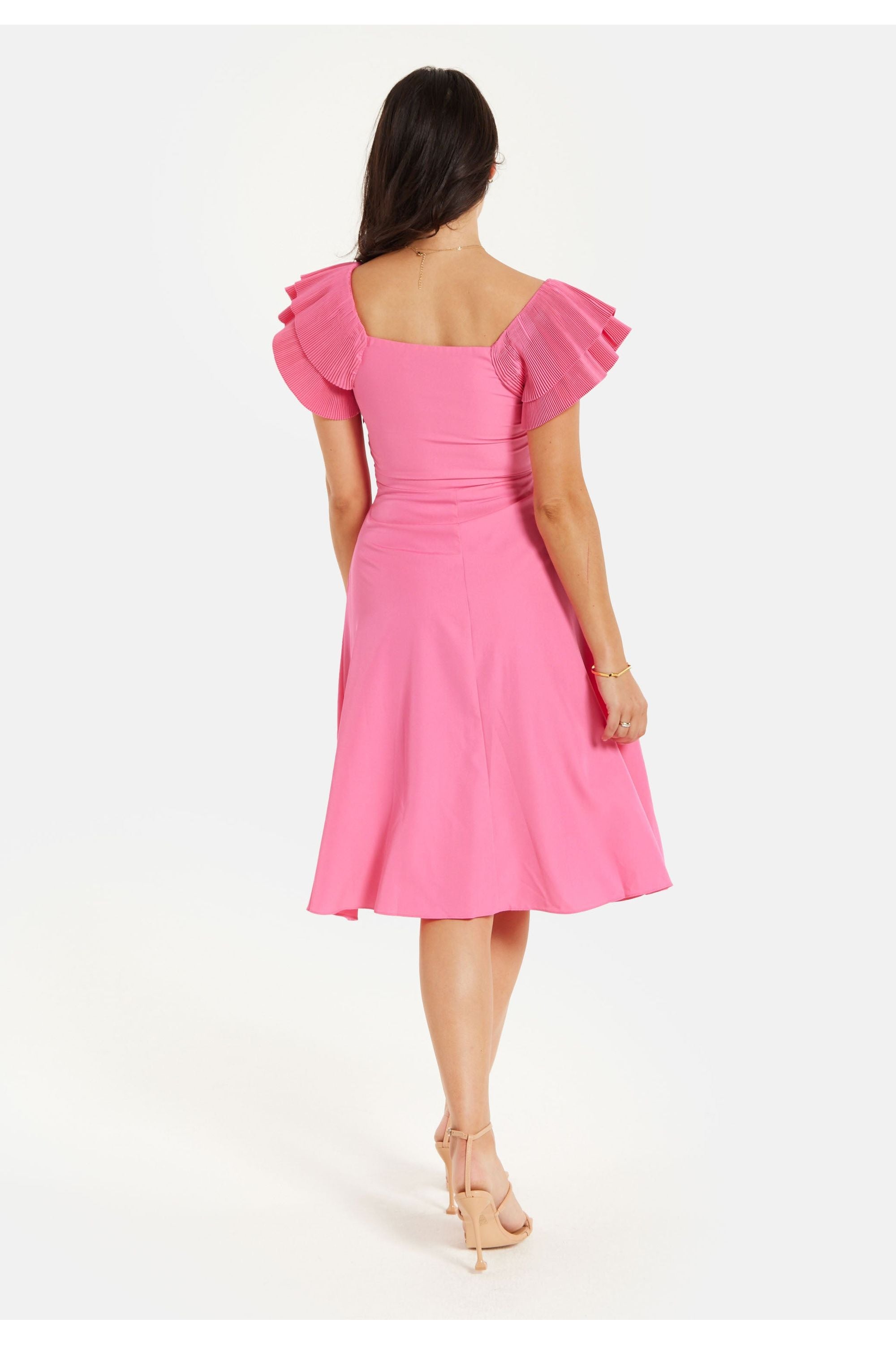 Frill Sleeves Midi Dress In Pink With Ruching Front HOHSS230066LP