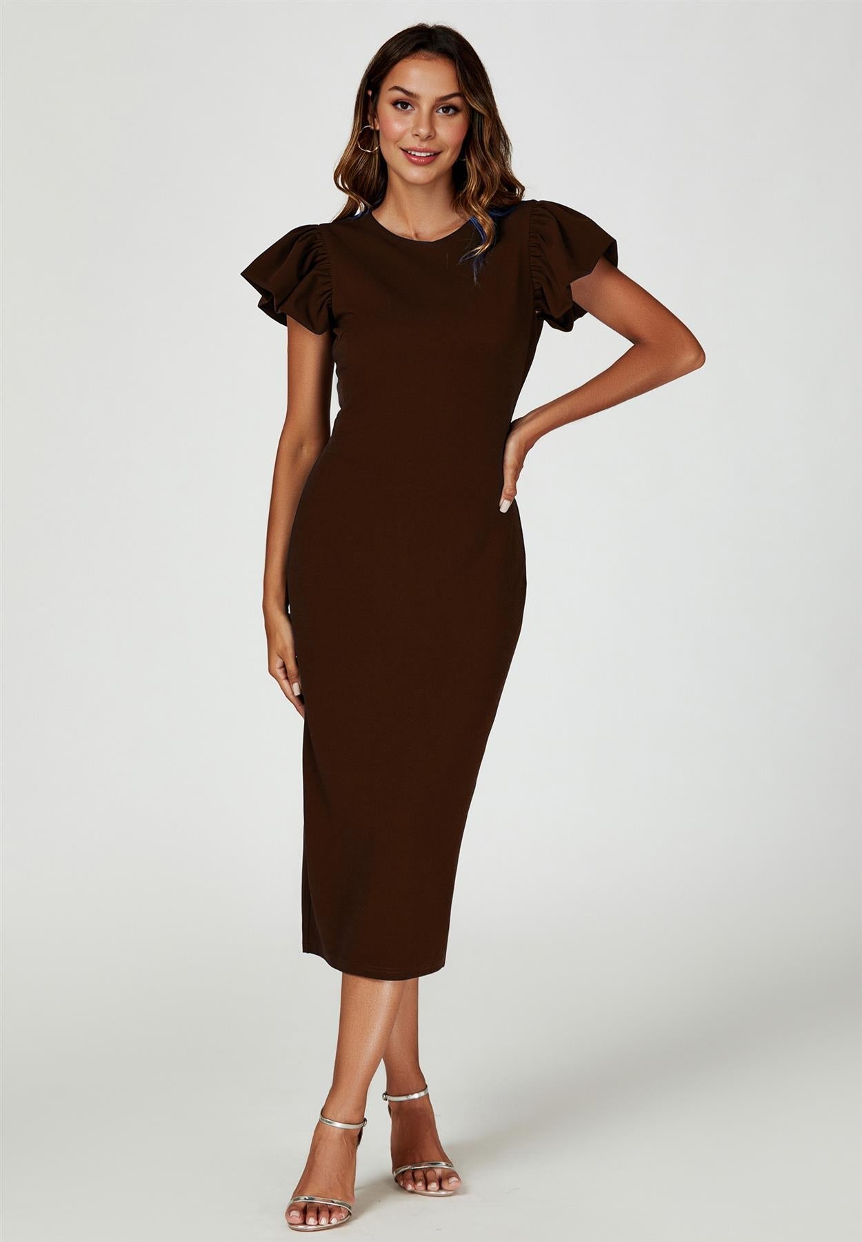 Volume Sleeve Bodycon Midi Dress In Espresso FS770