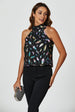 FS Collection Rainbow Leaf Foil Star Halter Neck Tie Back Top In Black