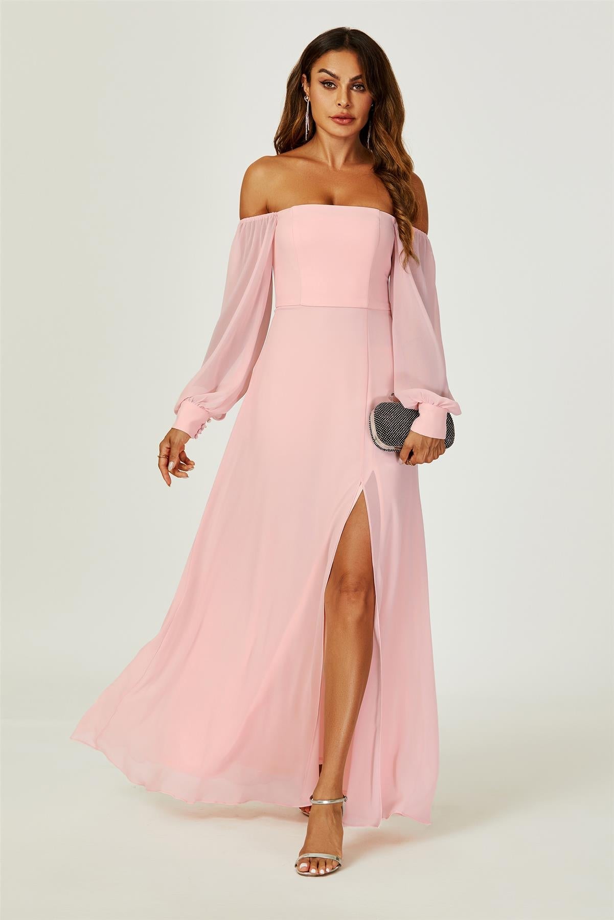 Bardot Long Sleeve Bridesmaid Dresses With High Slit In Pink FS744