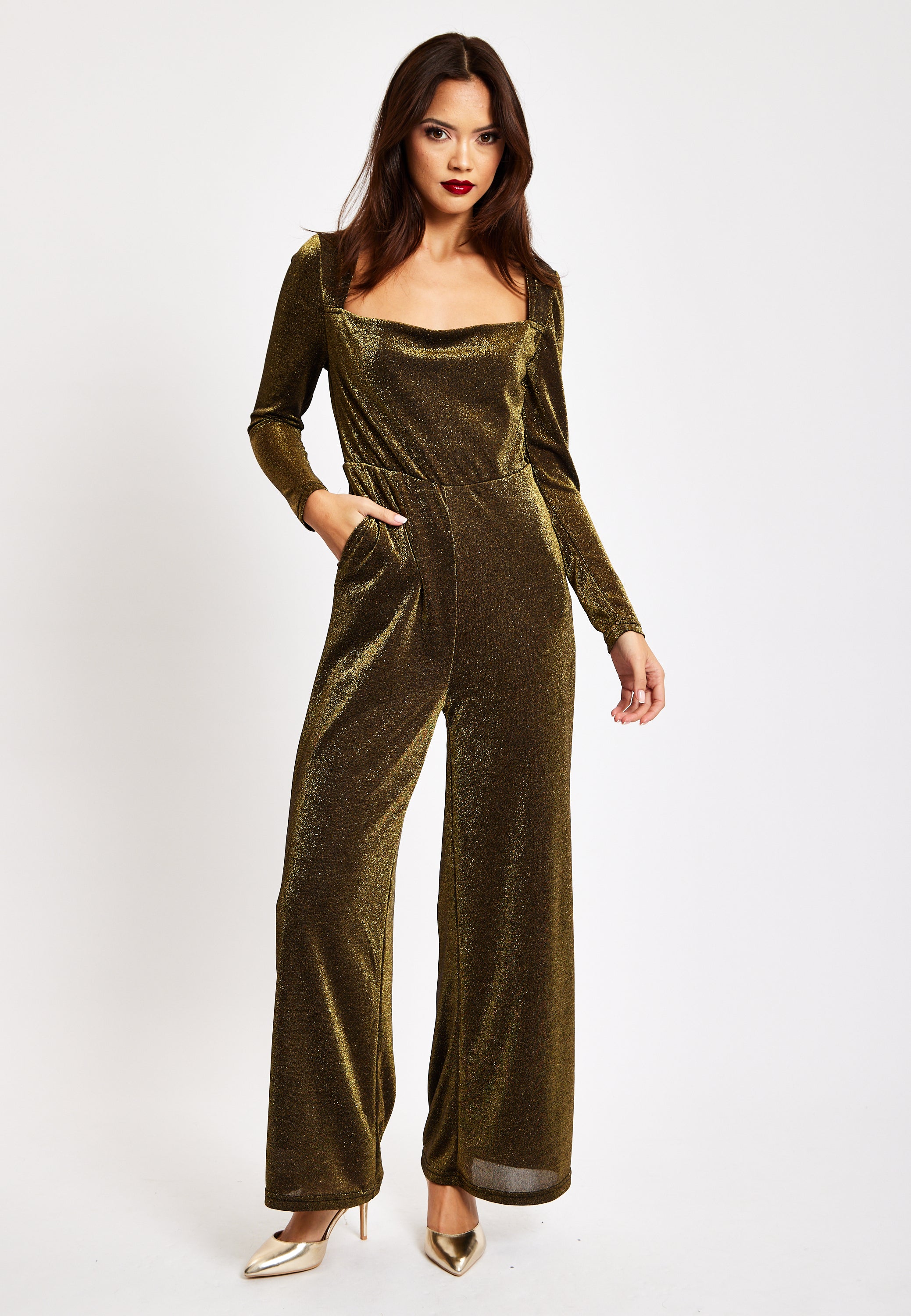Gold Cowl Neck Lurex Jumpsuit LIQ23AW068GL