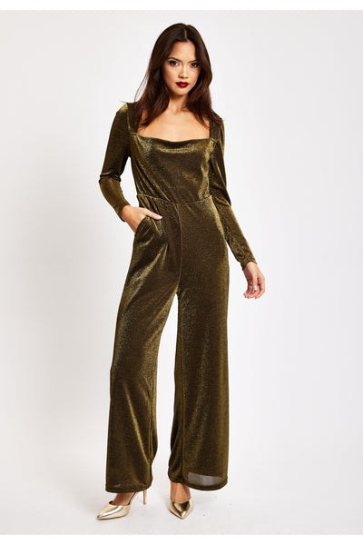 Gold - Gold Cowl Neck Lurex Jumpsuit by Liquorish