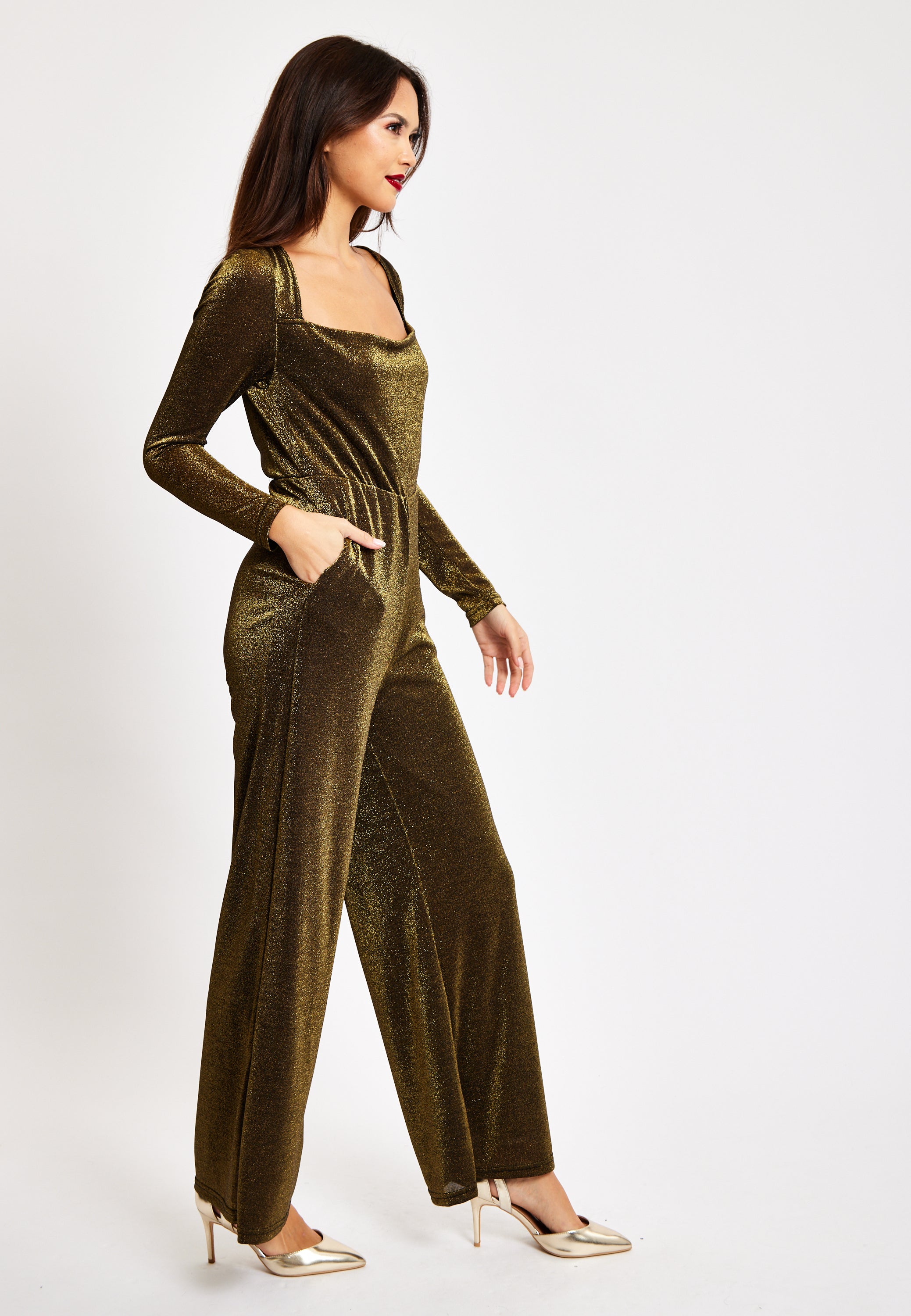Gold Cowl Neck Lurex Jumpsuit LIQ23AW068GL