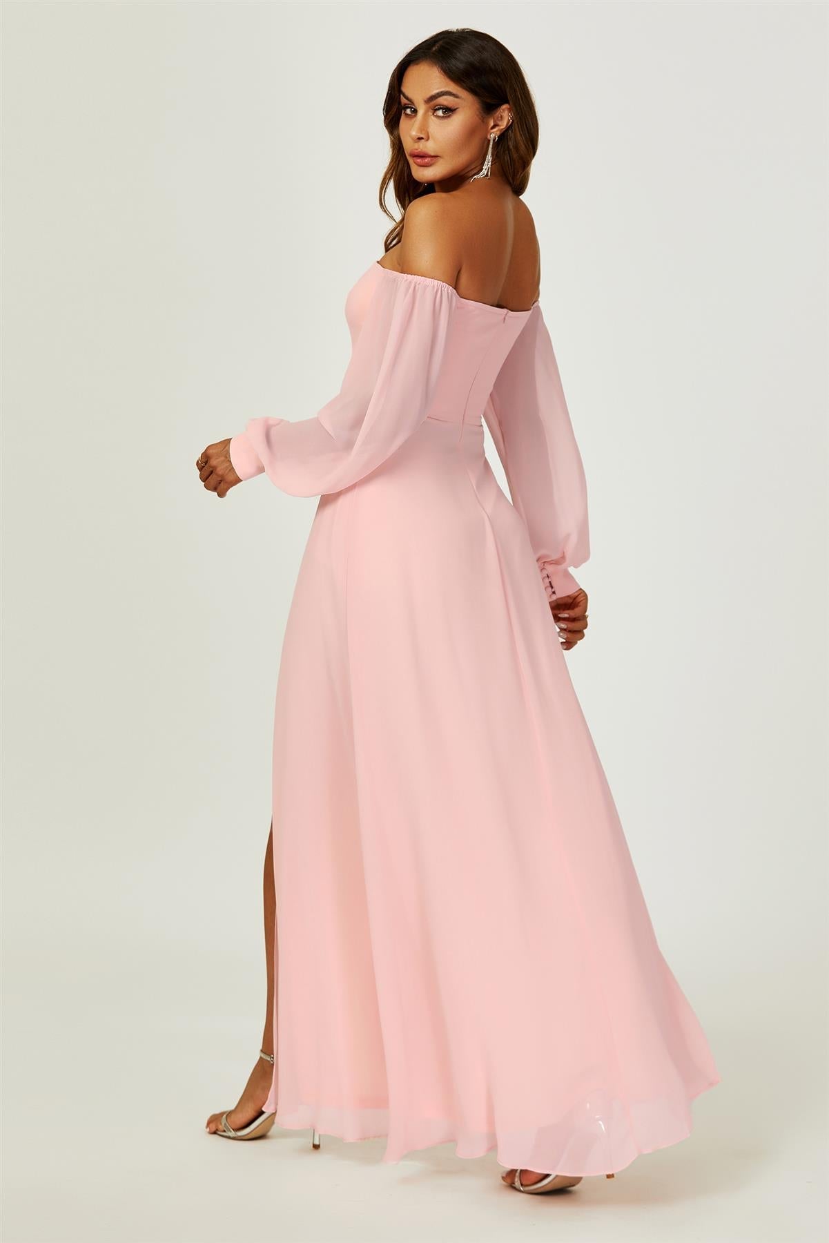 Bardot Long Sleeve Bridesmaid Dresses With High Slit In Pink FS744