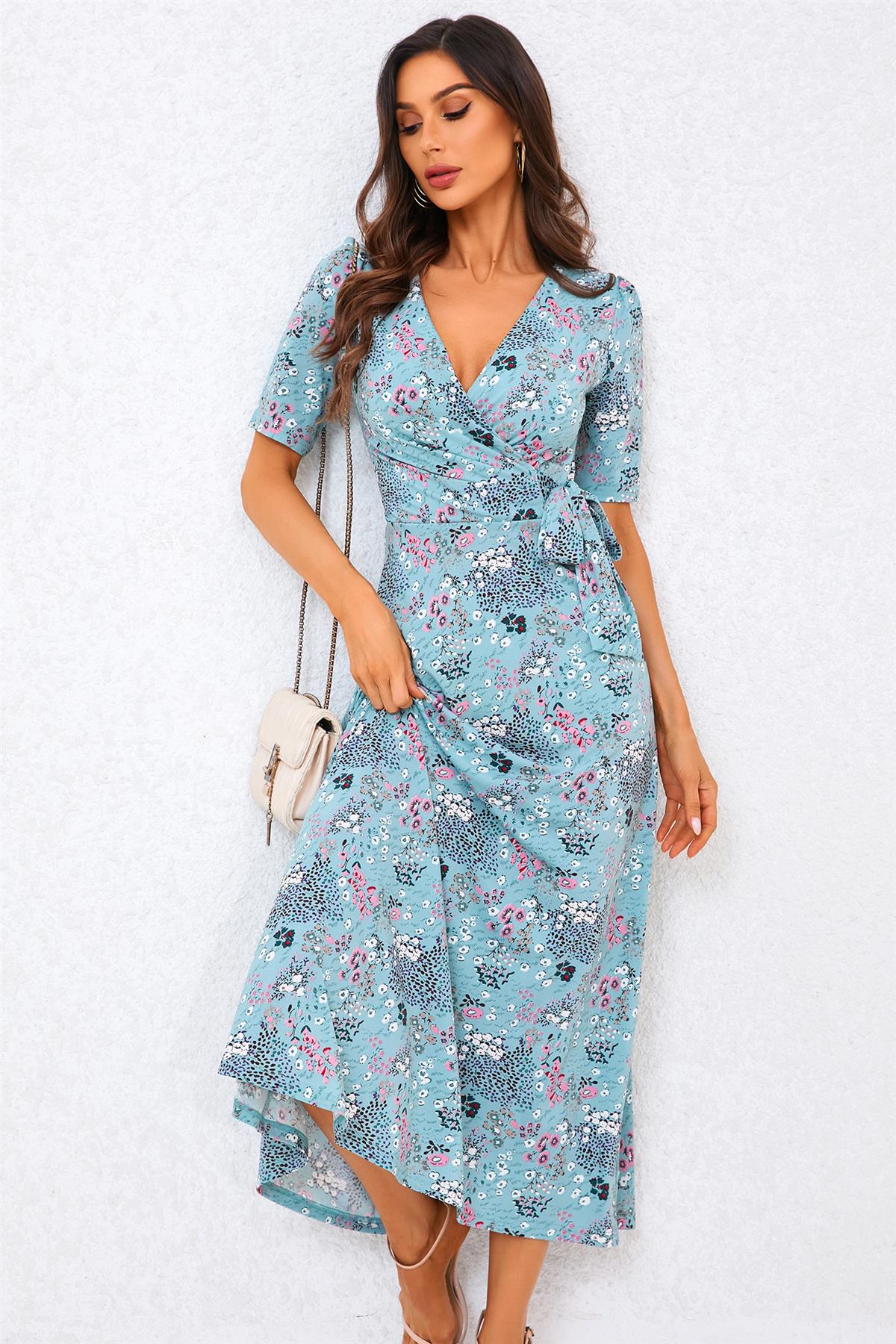 Floral Print Jersey Midi Dress In Blue FS706-BlueFloral