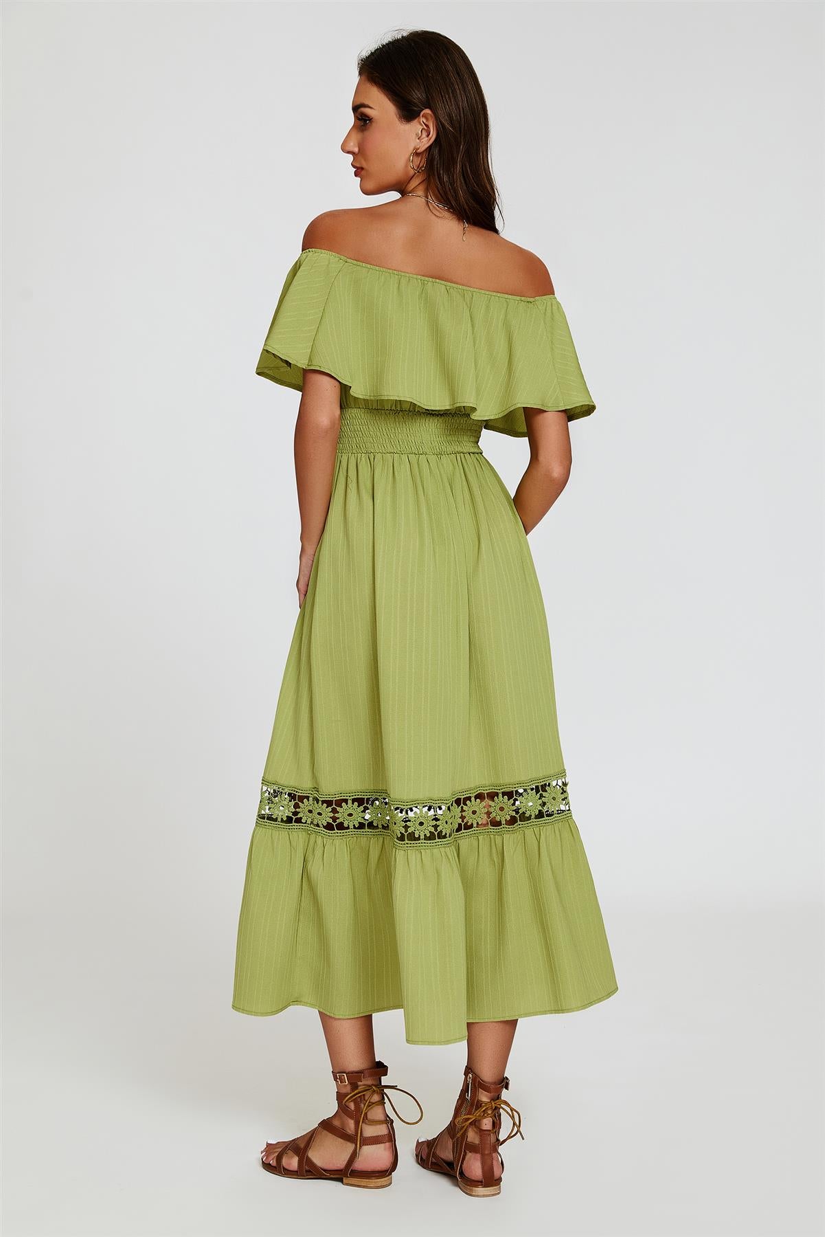 Lace Detail Bardot Maxi Dress In Green FS831-GL