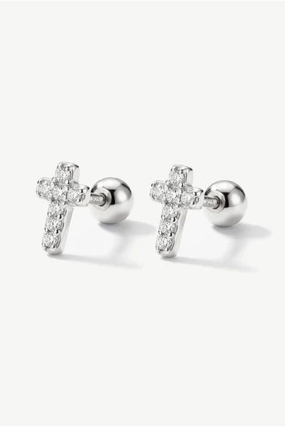 Silver - Tiny Pave Cross Screw Stud Earrings by MUCHV