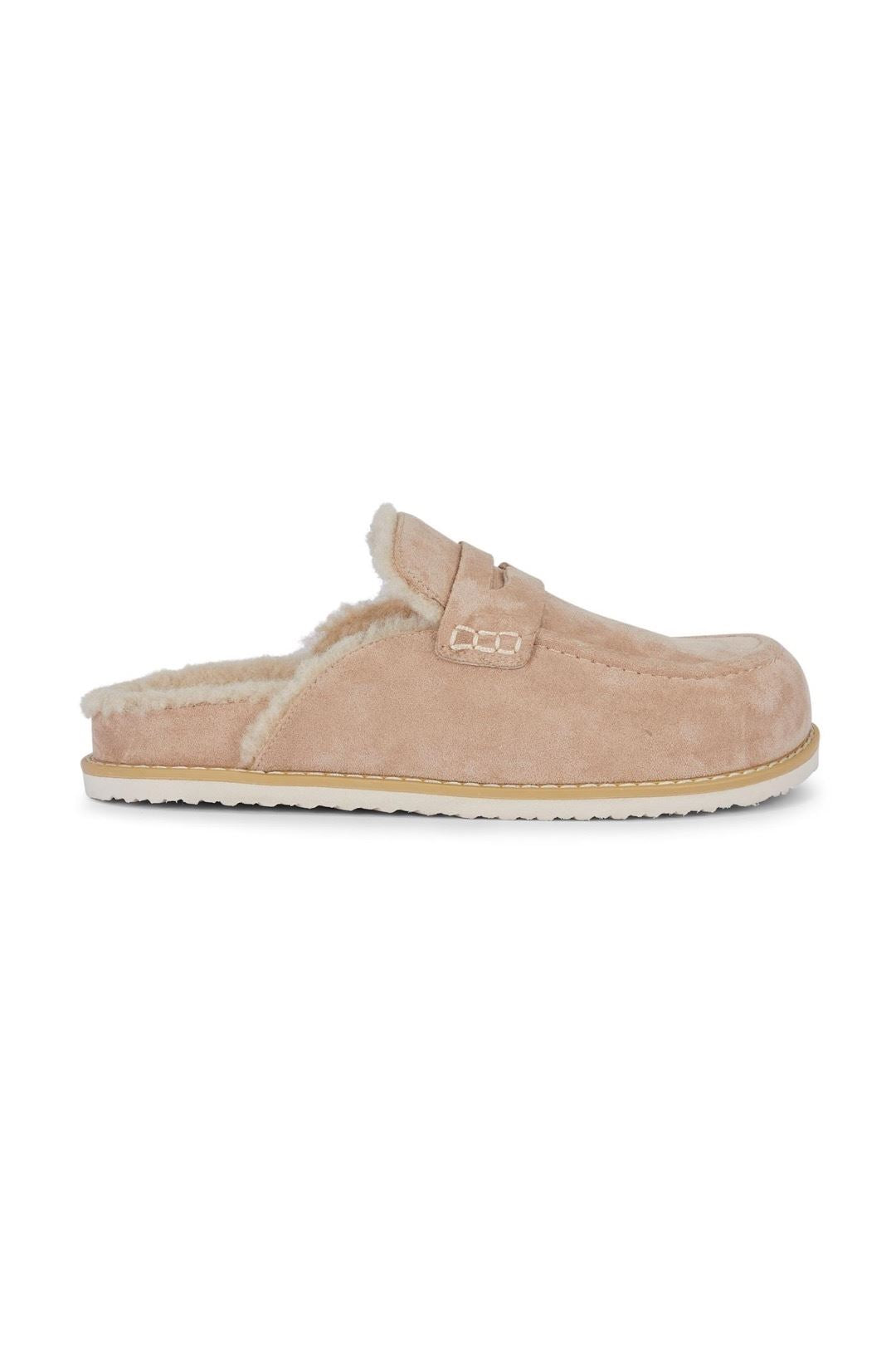 Alviera Fur Detail Backless Mule Loafer Slippers In Beige DONALD1-BEISU