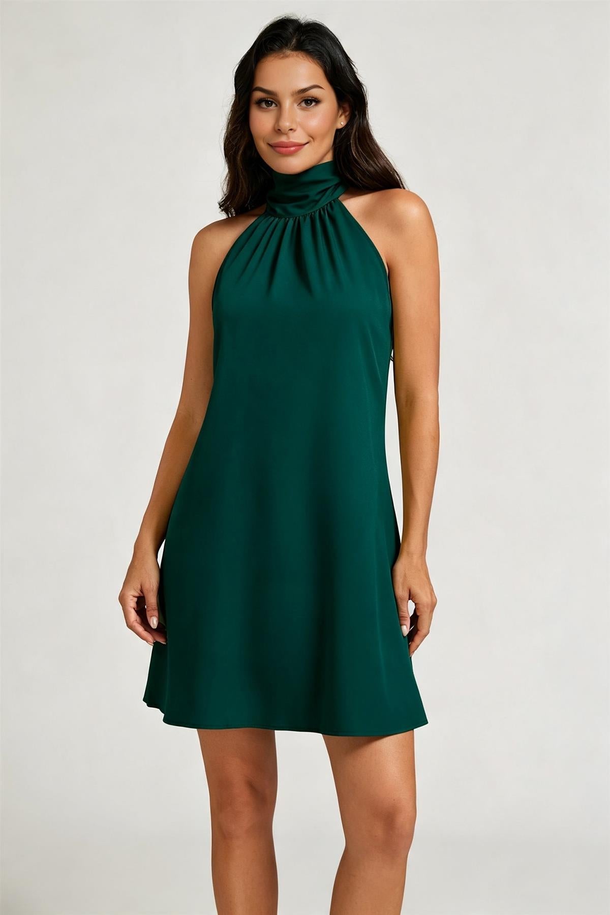 Halter Neck Tie Back Mini Dress In Forest Green FS455NEW