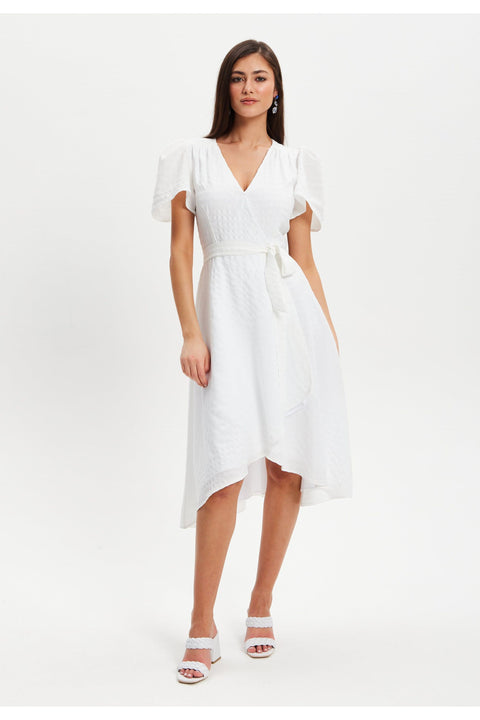 Checkered White Angel Sleeve Midi Wrap Dress In White by Liquorish