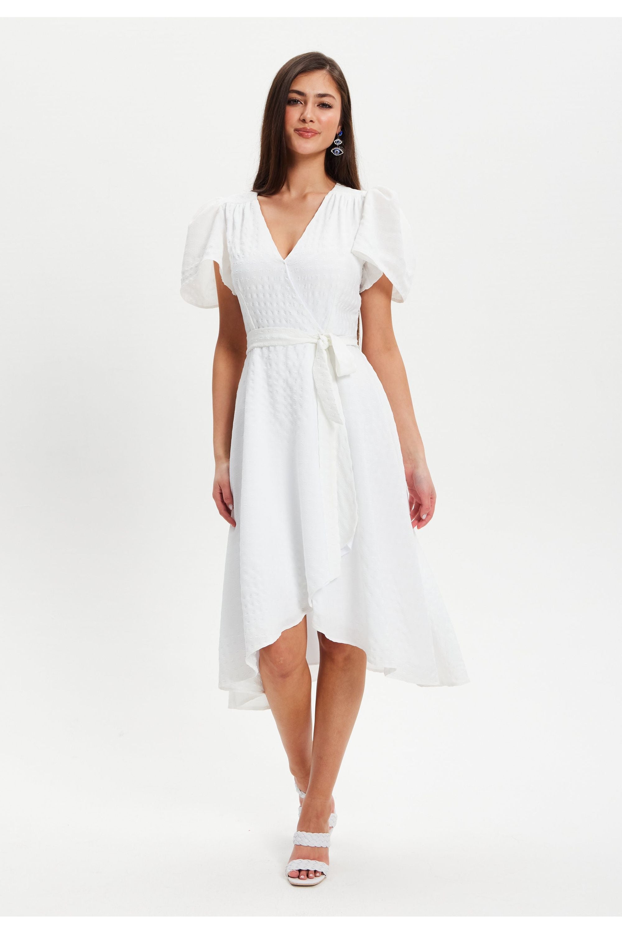 Checkered White Angel Sleeve Wrap Dress In White SVL003002