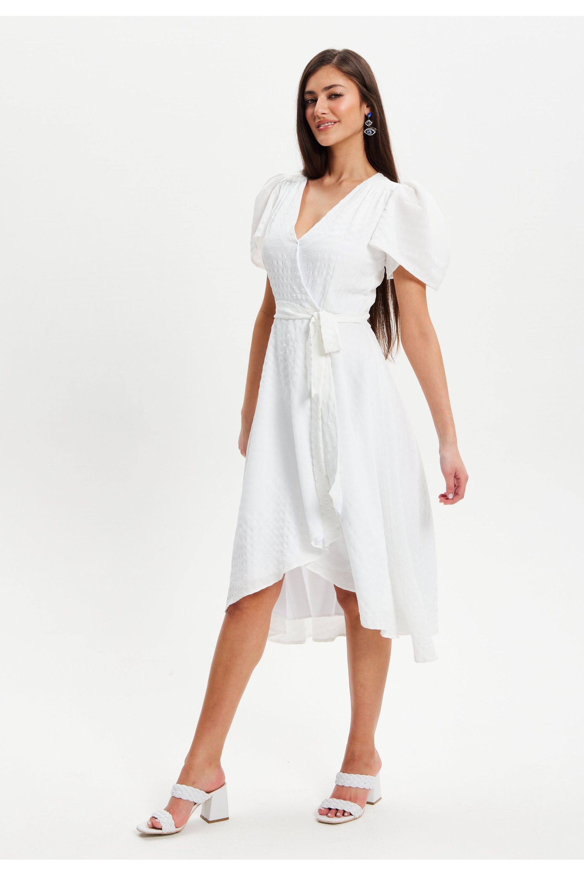 Checkered White Angel Sleeve Wrap Dress In White SVL003002