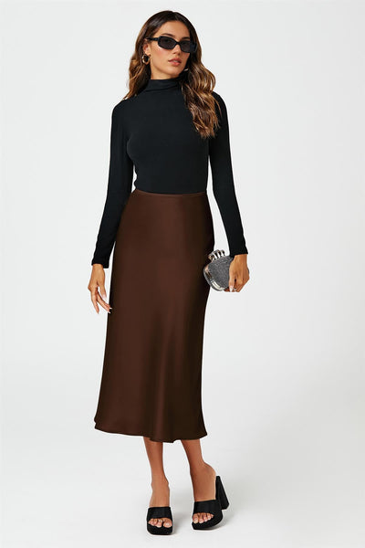 Brown - Brown Satin Midi Skirt by FS Collection