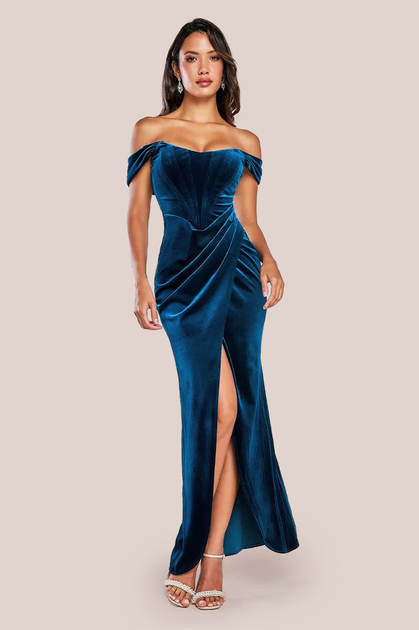 Draped Shoulder Velvet Corset Maxi Dress - Teal Blue DR4044