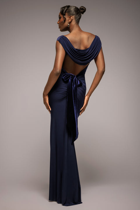 Open Back Cowl Neck Gathered Maxi Dress With Velvet Tie Back - Navy Blue by Goddiva