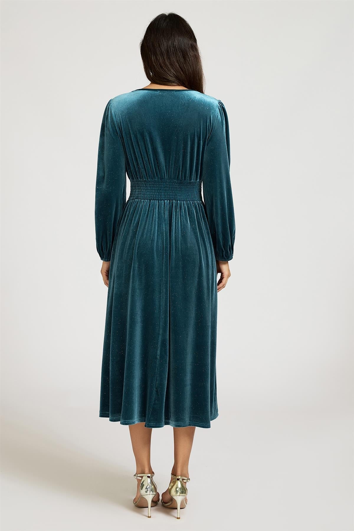 Silver Foil Velvet Lace Trim Neckline Midi Dress In Teal FS906