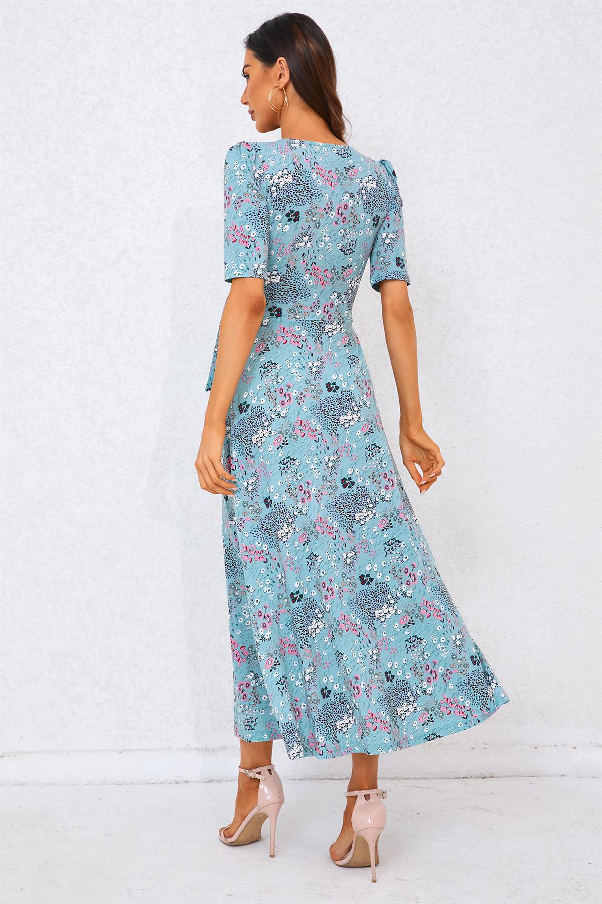 Floral Print Jersey Midi Dress In Blue FS706-BlueFloral