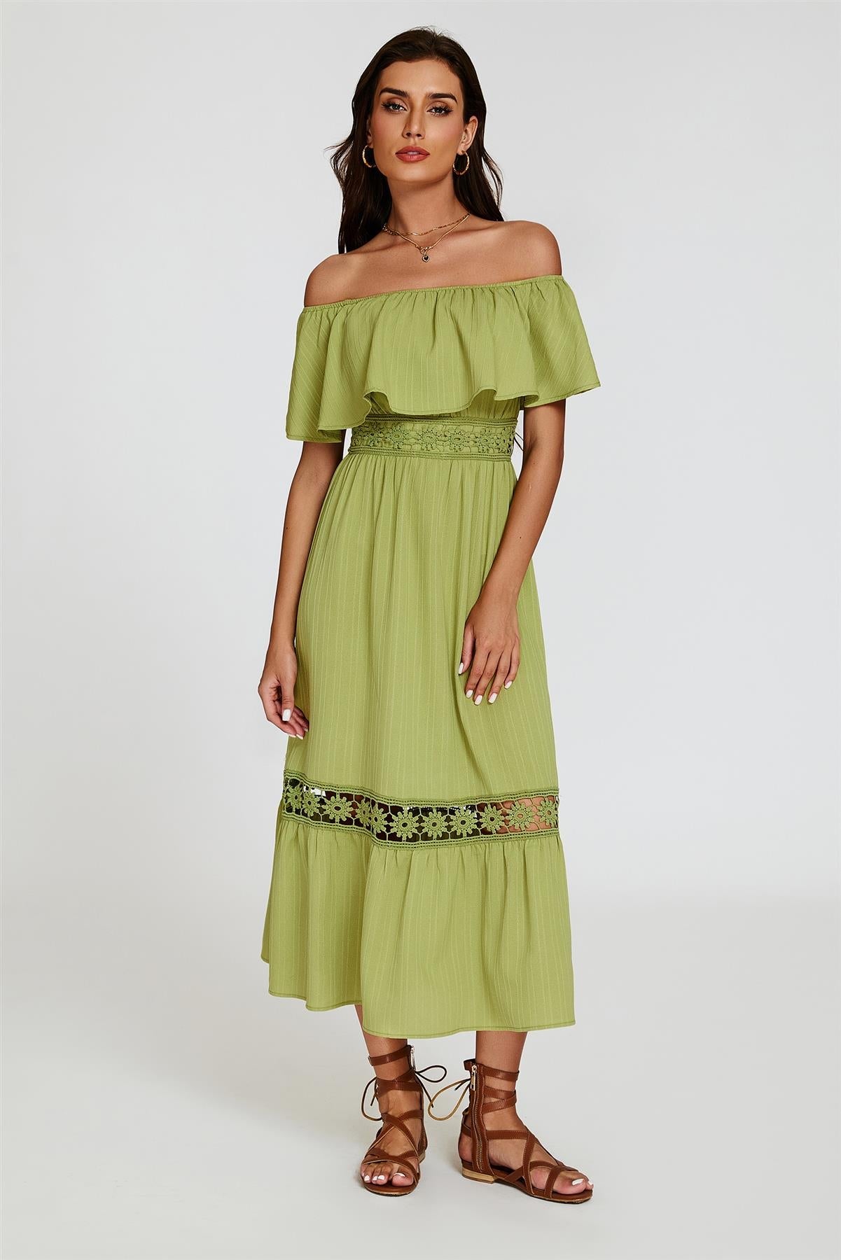 Lace Detail Bardot Maxi Dress In Green FS831-GL