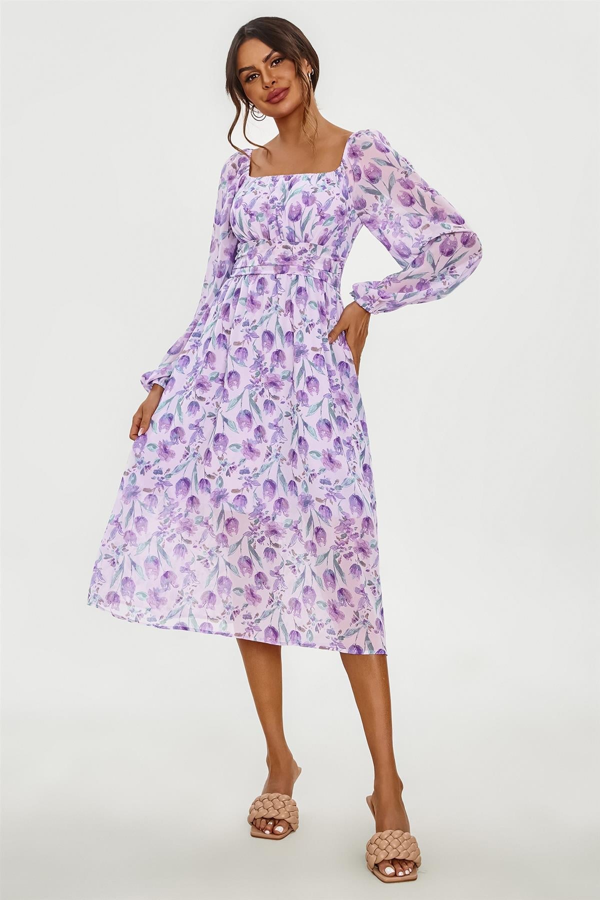 Floral Print Long Sleeve Maxi Dress In Purple FS640-PurpleF
