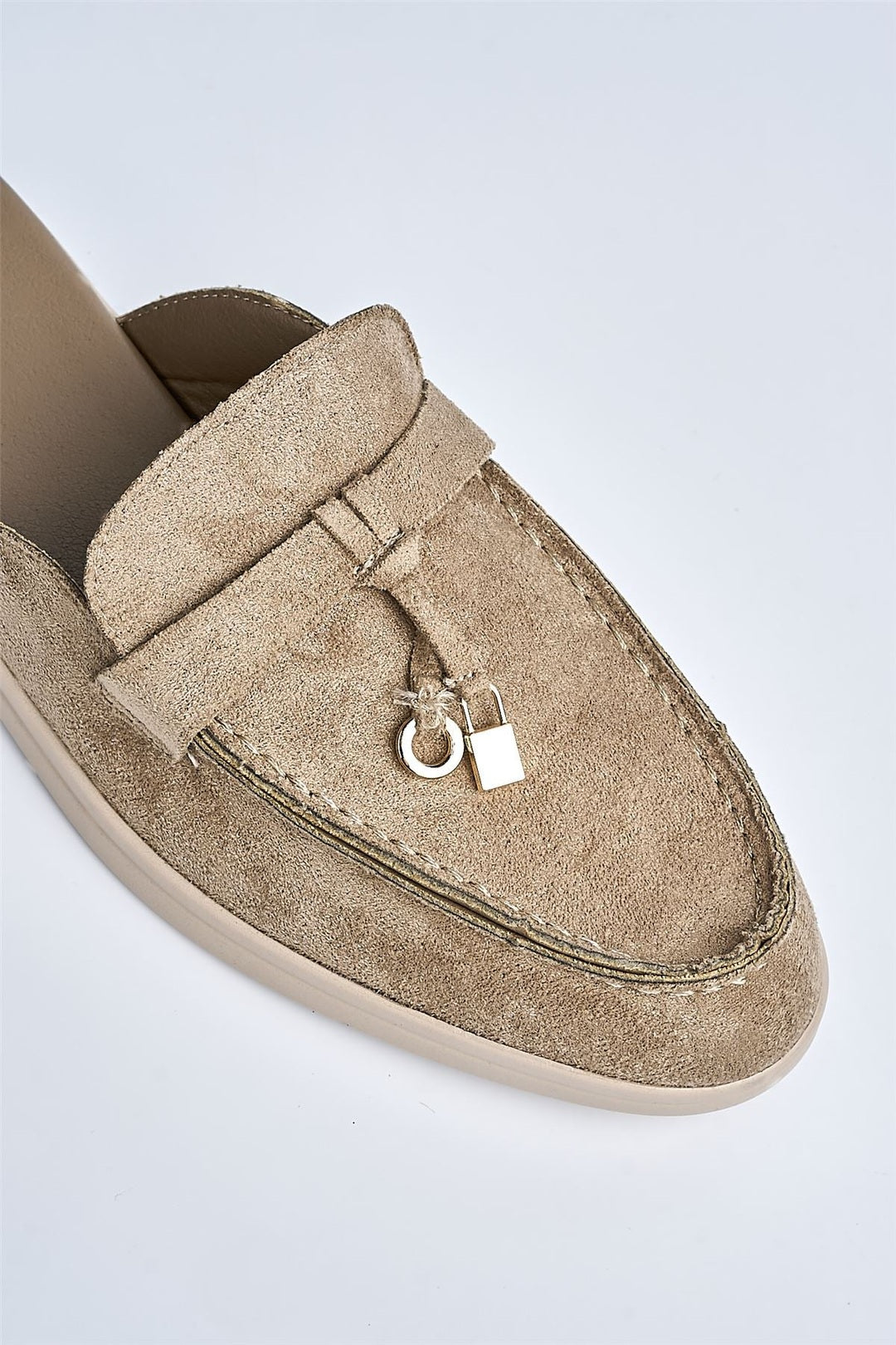Adaloria Padlock Charm Backless Flat Loafers In Taupe Suede PANTHER2-TAUSU