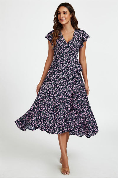 Navy - Floral Frill Sleeve Midi Wrap Dress In Navy by FS Collection