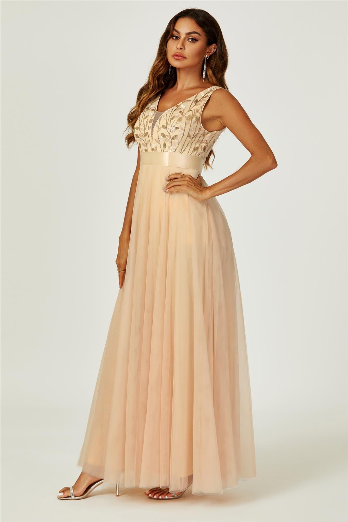 Sequin Top V Neck Bridesmaid Maxi Dress In Gold FS745