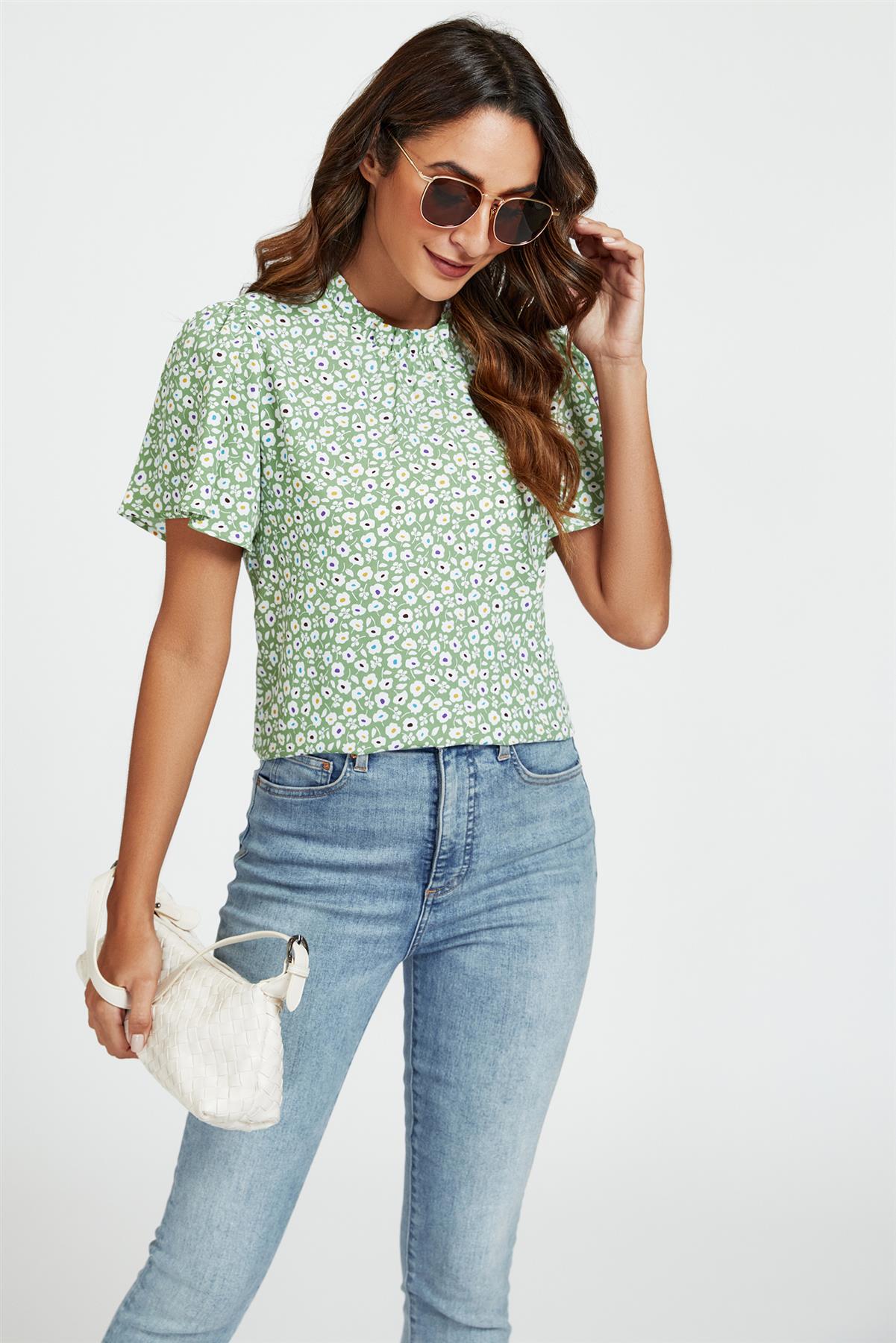 Little Floral Print Angle Sleeve High Neck Top Blouse In Green FS353-GMF