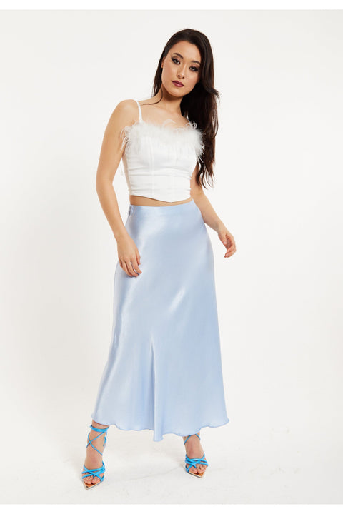 Bias Cut Aqua Blue Satin Skirt UAL01405