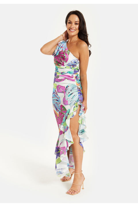 Bow Printed One Shoulder Frill Dress by Liquorish