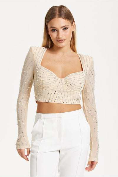 Cream - Embellished Nude Long Sleeve Crop Top by Liquorish