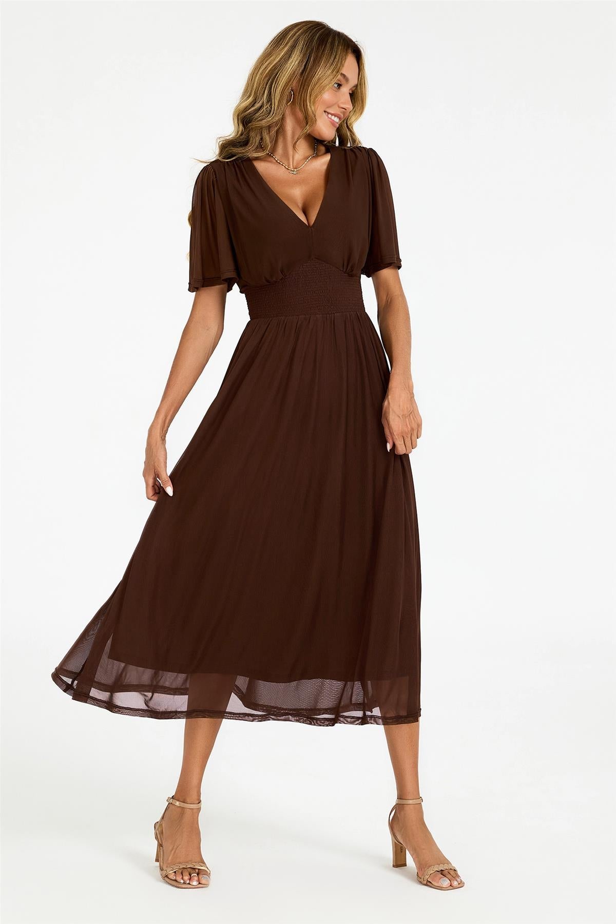 Flutter Sleeve Mesh Midi Dress In Brown FS972