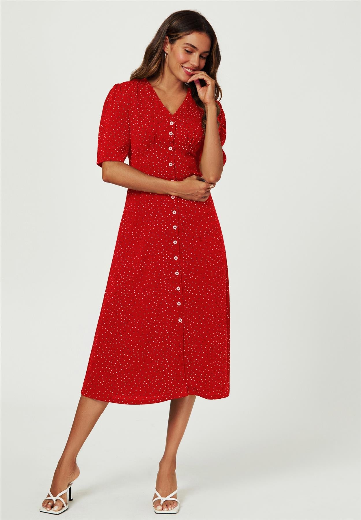 Dot Print Button Front Midi Dress In Red FS707-RedDot