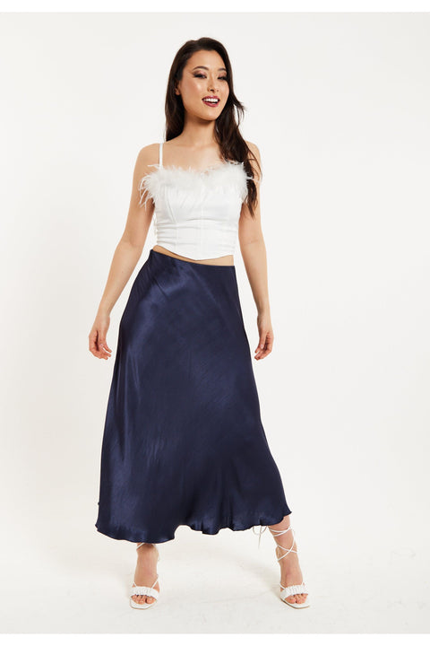 Bias Cut Navy Satin Skirt by Liquorish