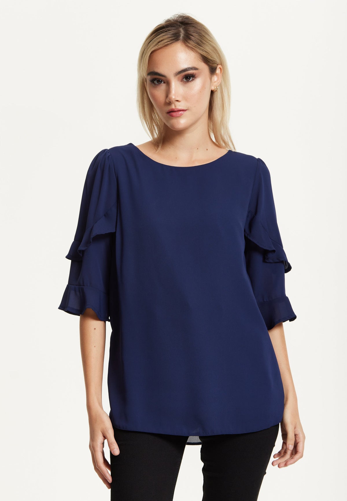 Navy Ruffle Sleeve Blouse 25AW-61009