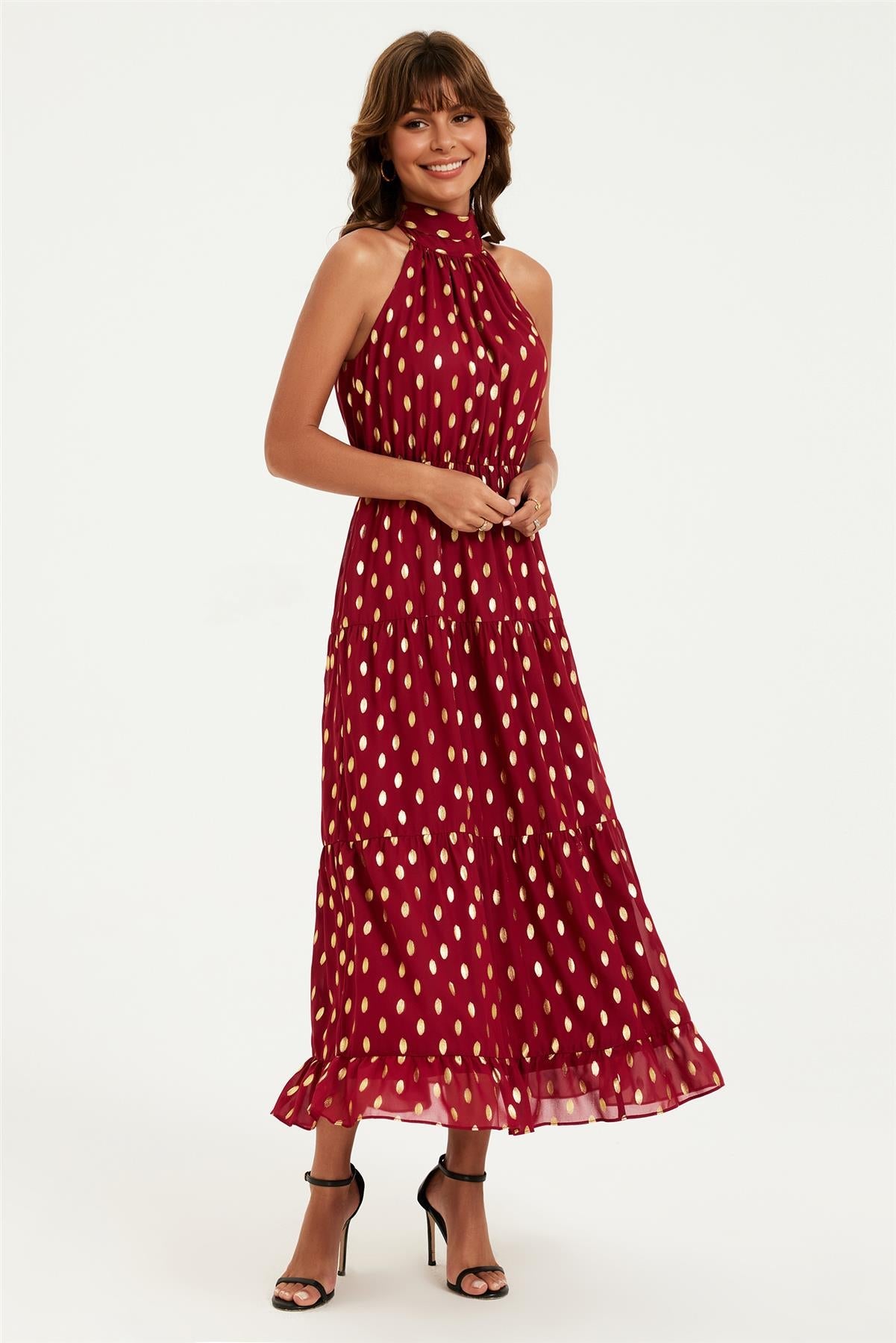 Gold Foil Halter Neck Tie Back Midi Dress In Wine FS905-WG