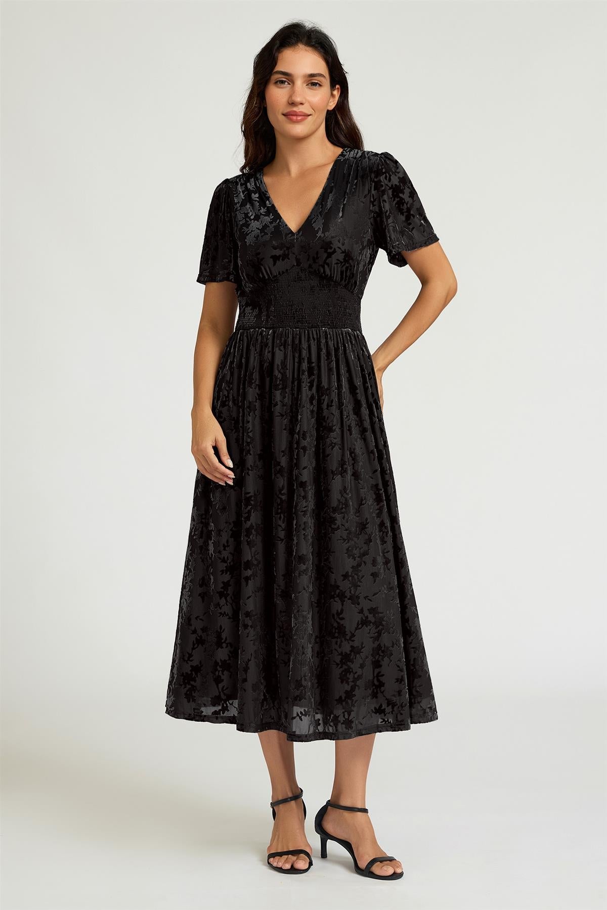 Black Velvet Burnout V-Neck Angel Sleeve Midi Dress FS955