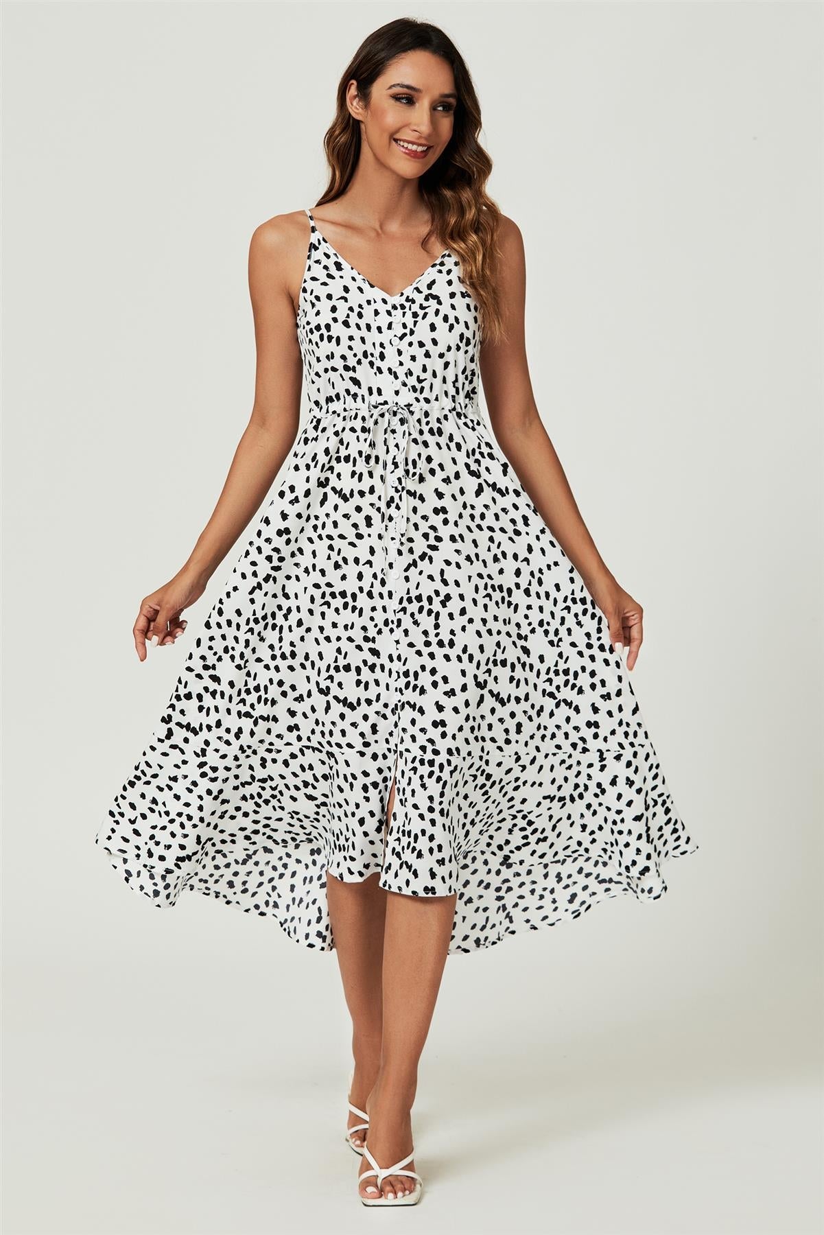 Button Down High Low Strappy Dress In White FS238-WhiteLeopard