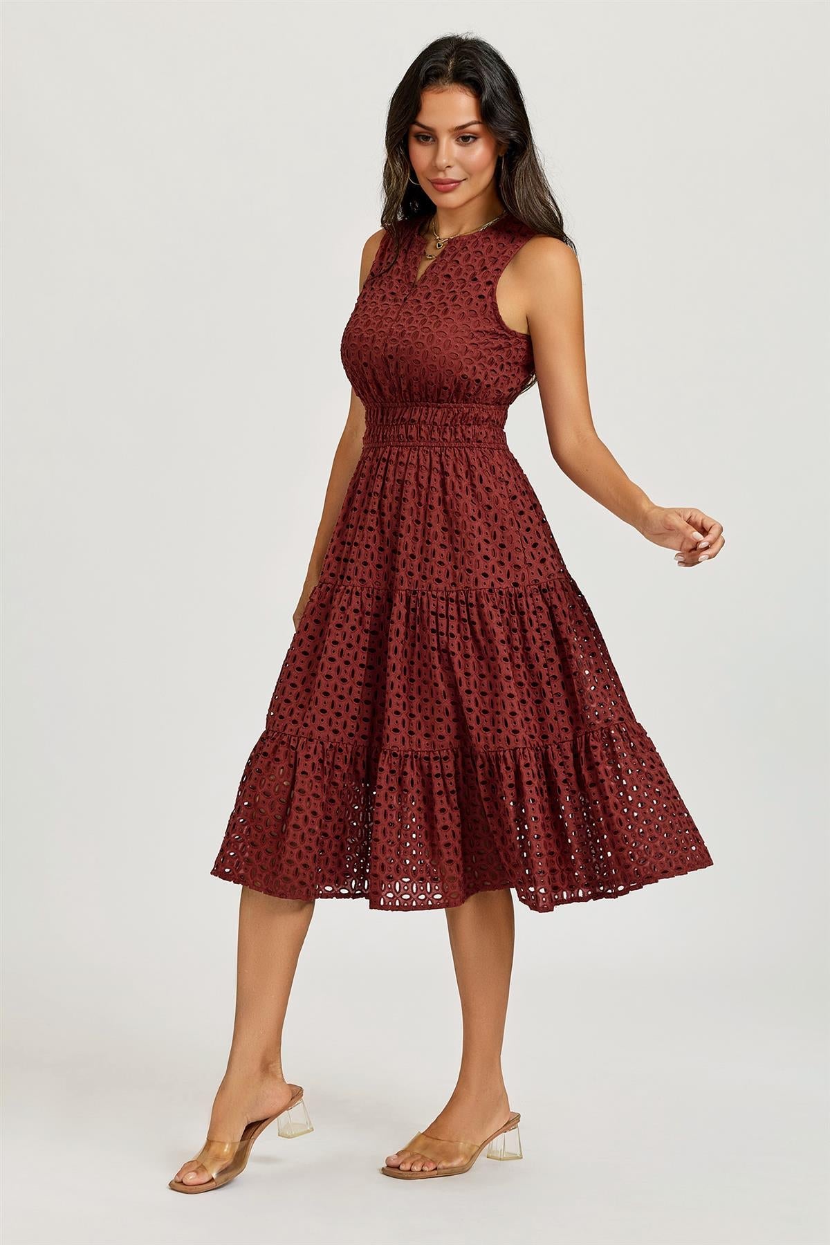 Sleeveless Broderie Anglaise Midi Dress In Rust FS982