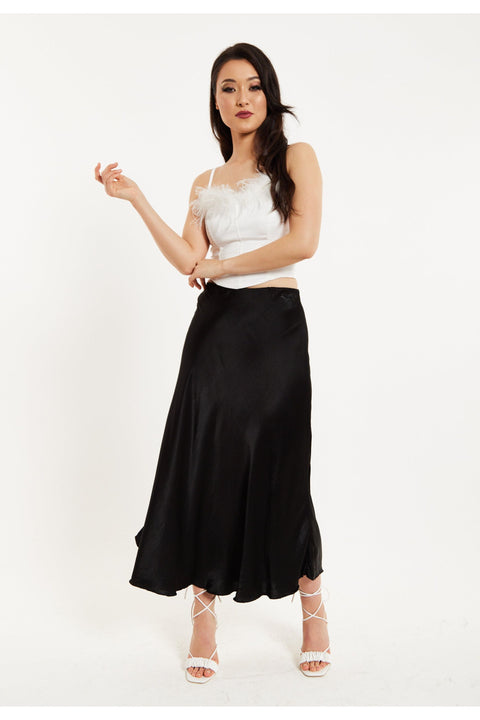 Bias Cut Black Satin Skirt by Liquorish