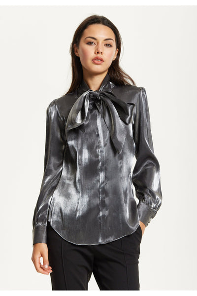 Grey - Charcoal Metallic Pussybow Blouse by Liquorish