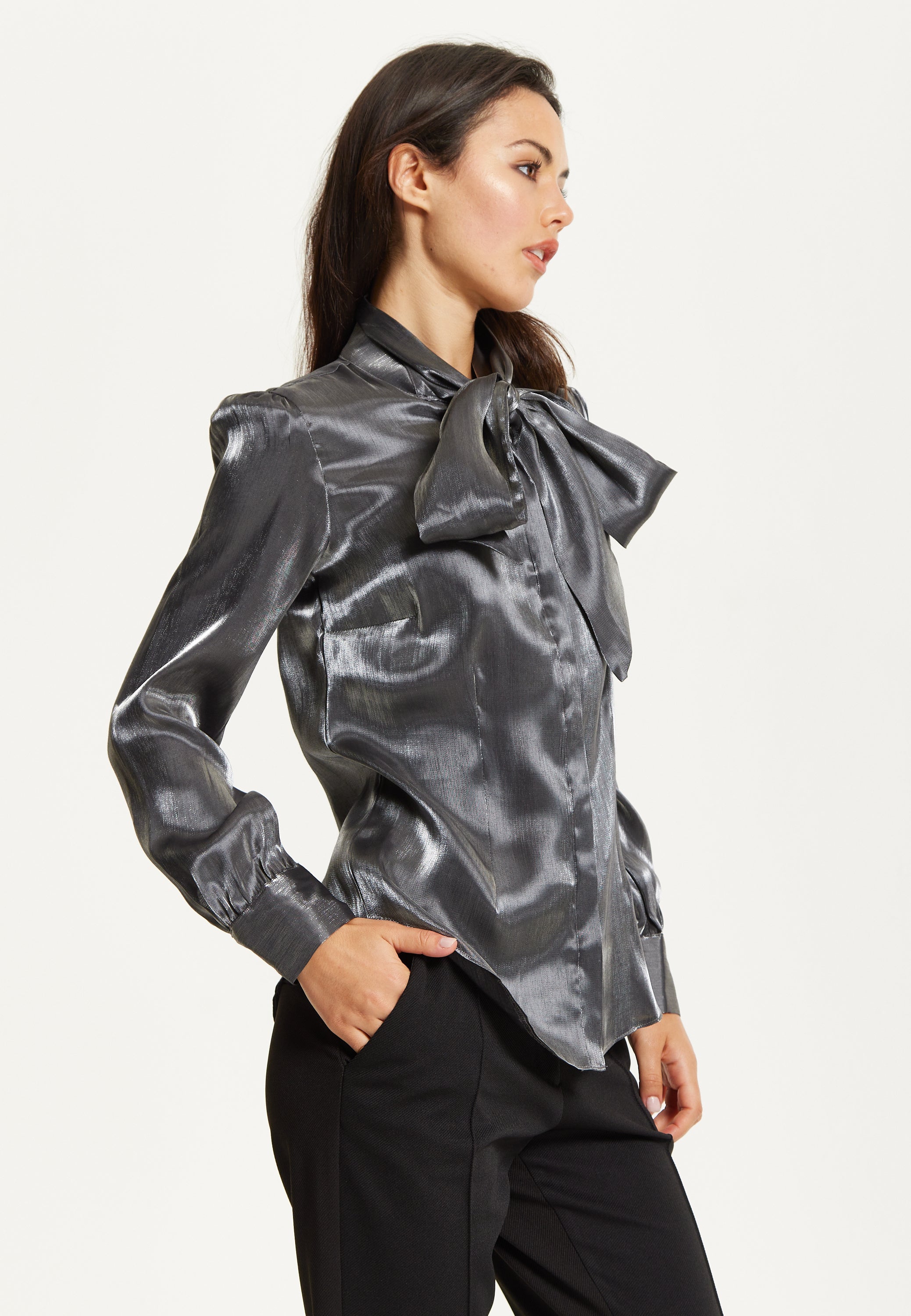 Charcoal Metallic Pussybow Blouse 25AW-62011
