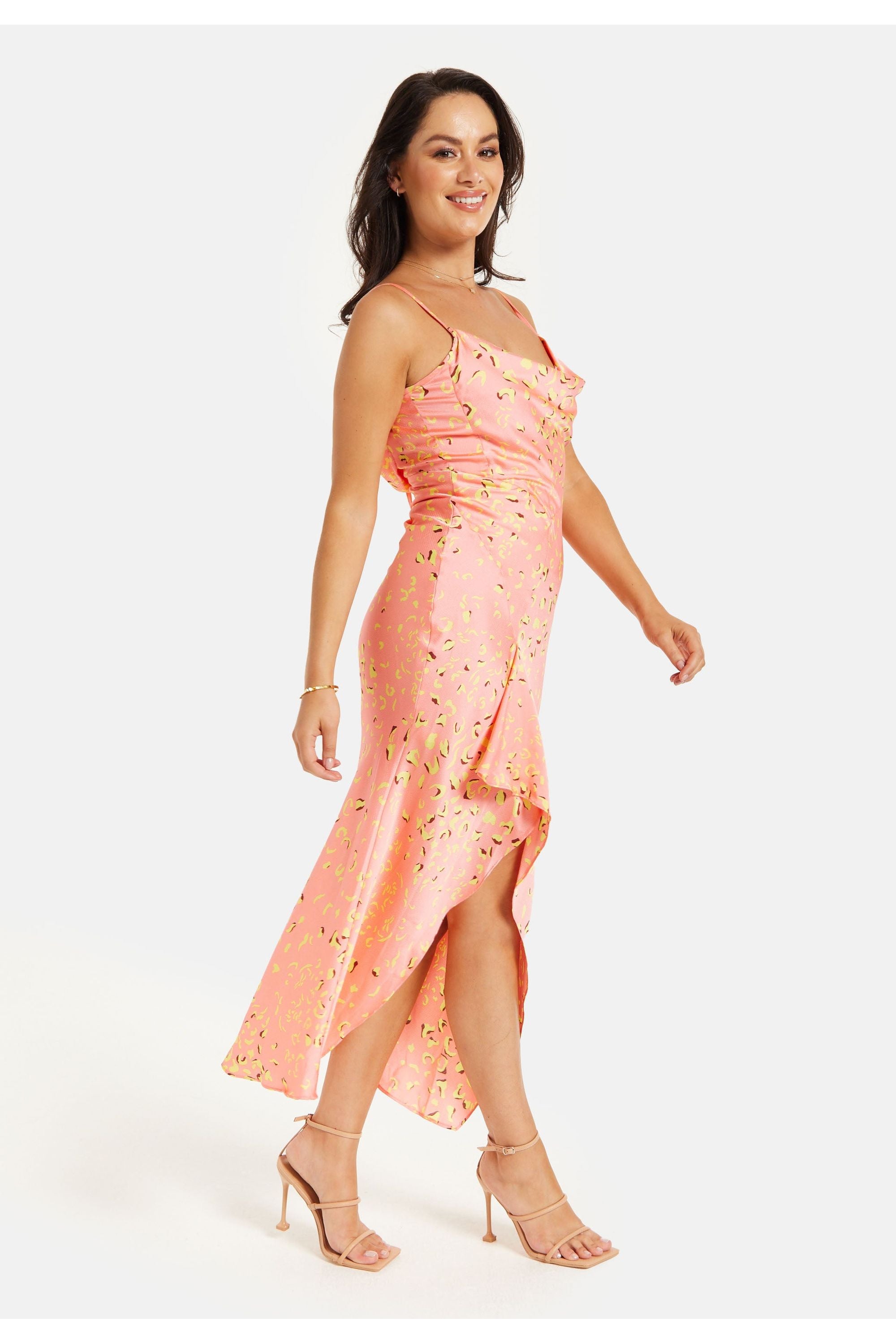 Cowl Neck Abstract Animal Print Dress In Peach LIQBM004