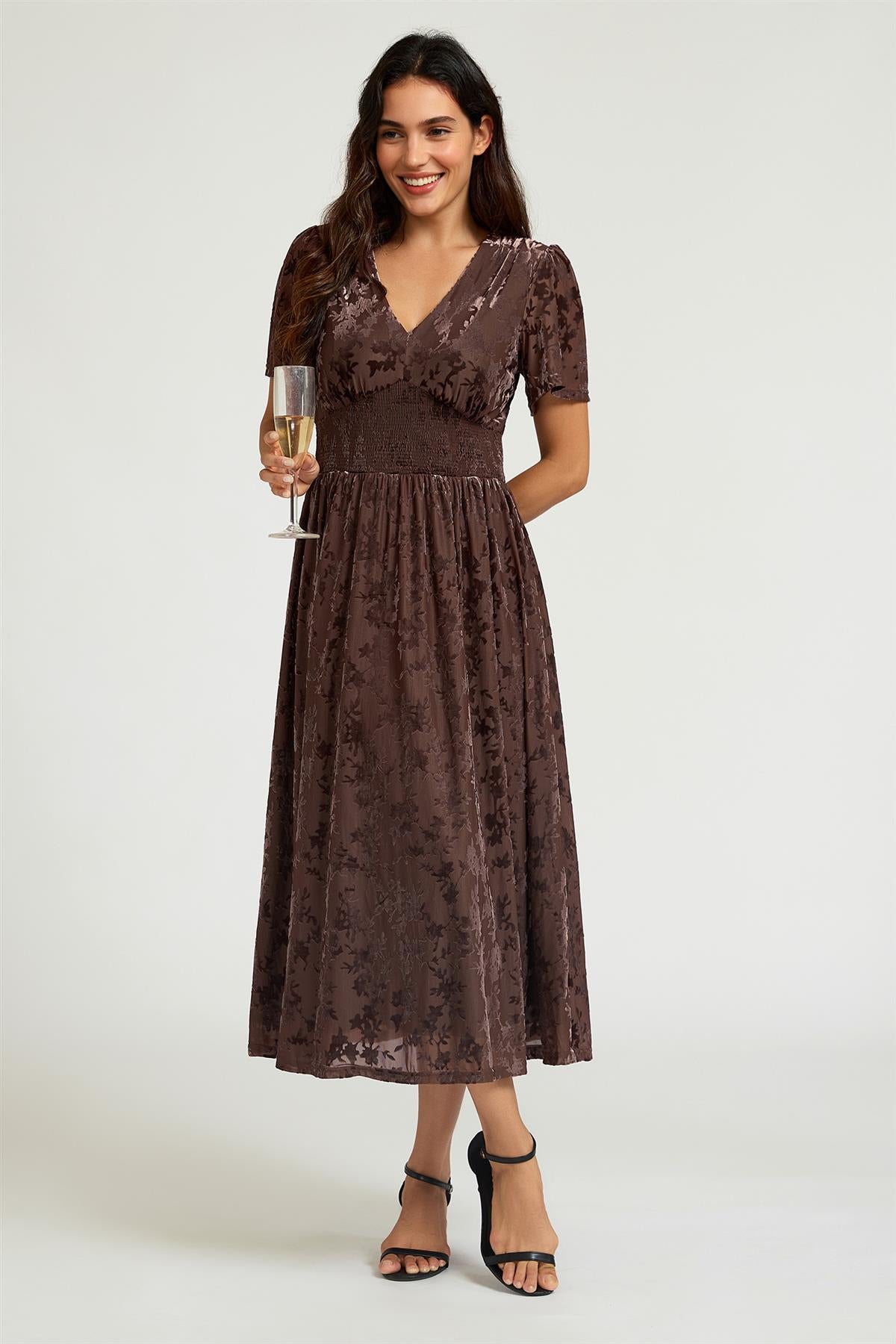 Brown Velvet Burnout V-Neck Angel Sleeve Midi Dress FS955