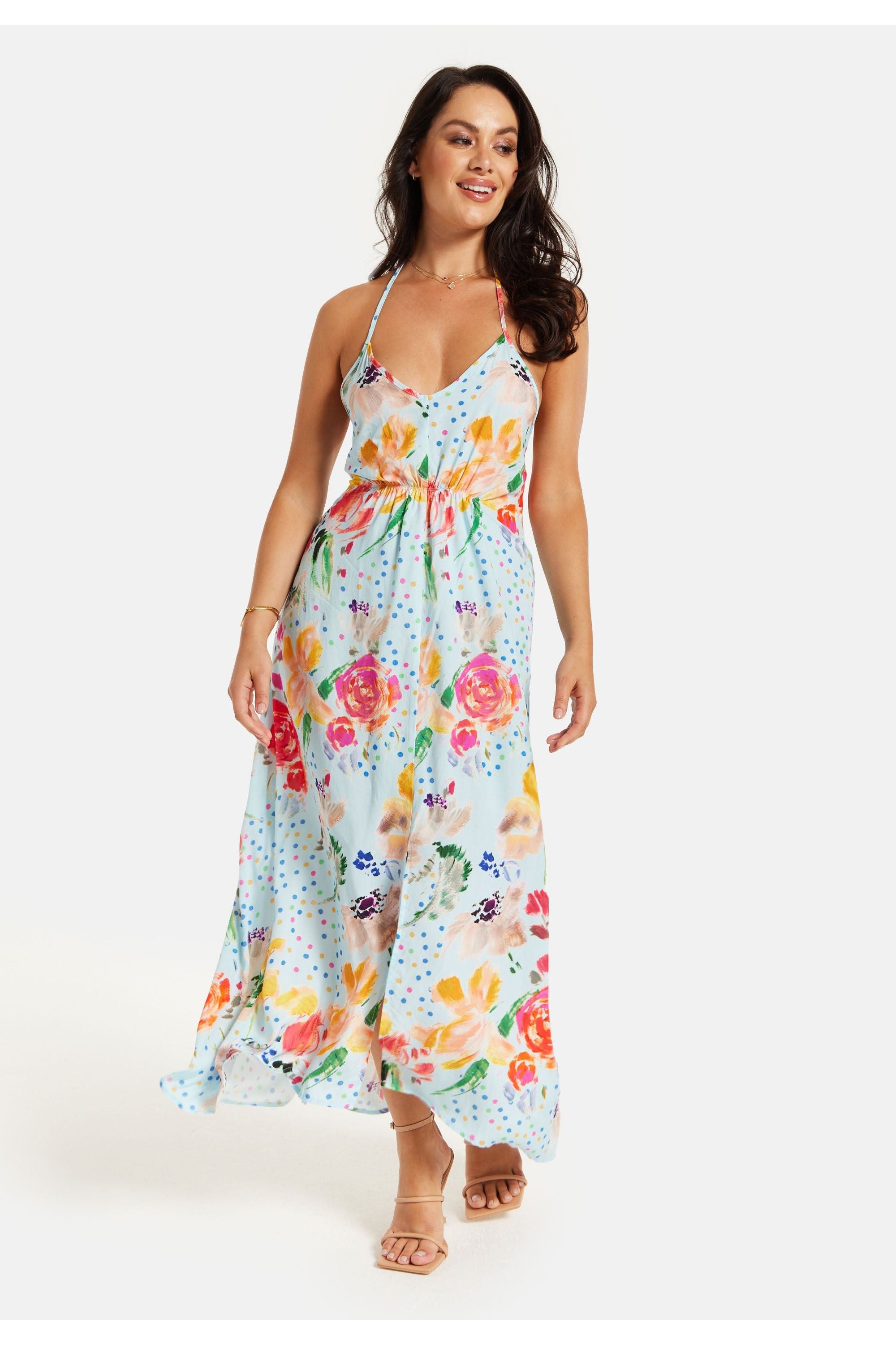 Blue Floral Print Midi Asymmetrical Dress With Open Back LIQ23SS1582