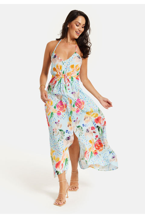 Blue Floral Print Midi Asymmetrical Dress With Open Back by Liquorish