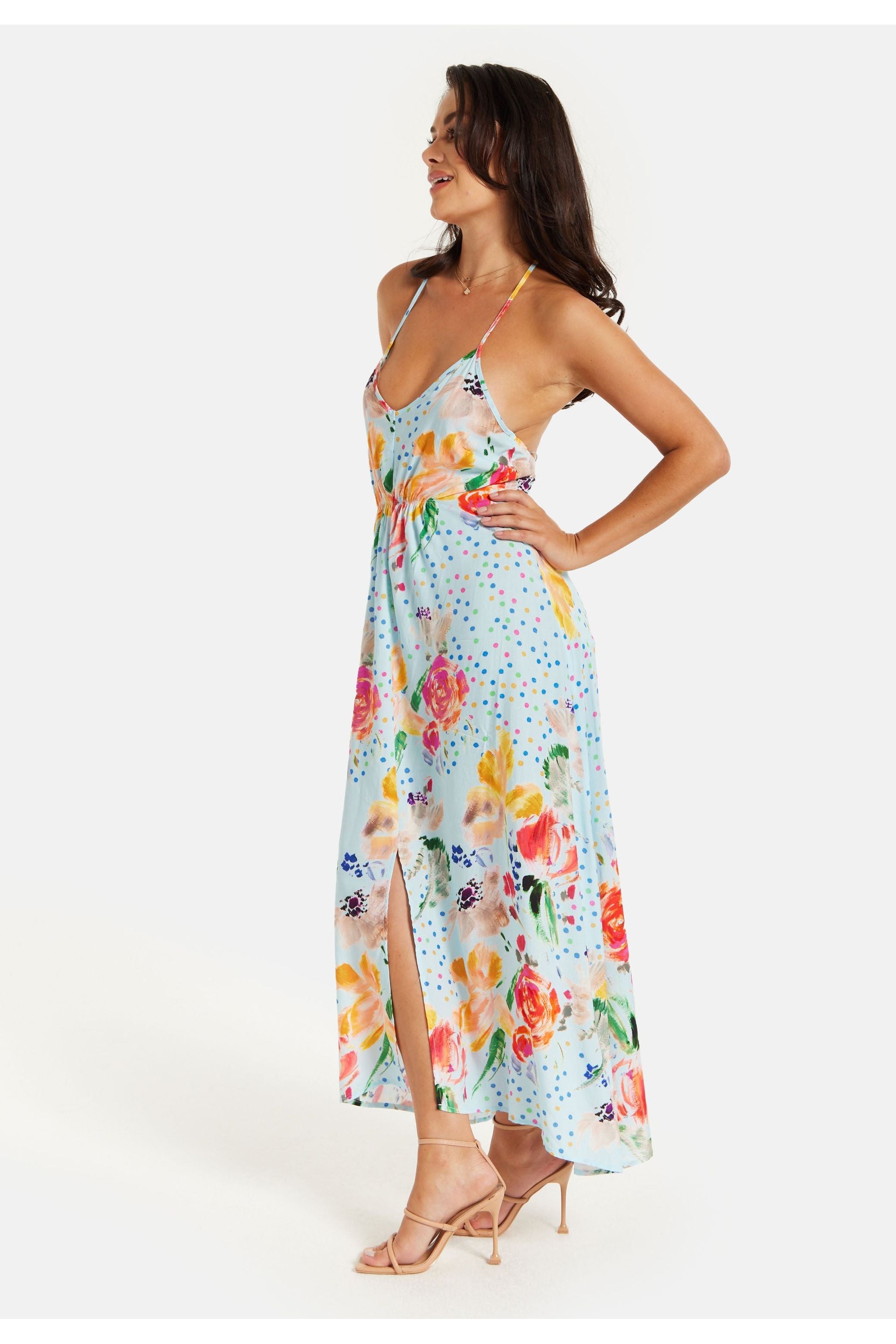 Blue Floral Print Midi Asymmetrical Dress With Open Back LIQ23SS1582