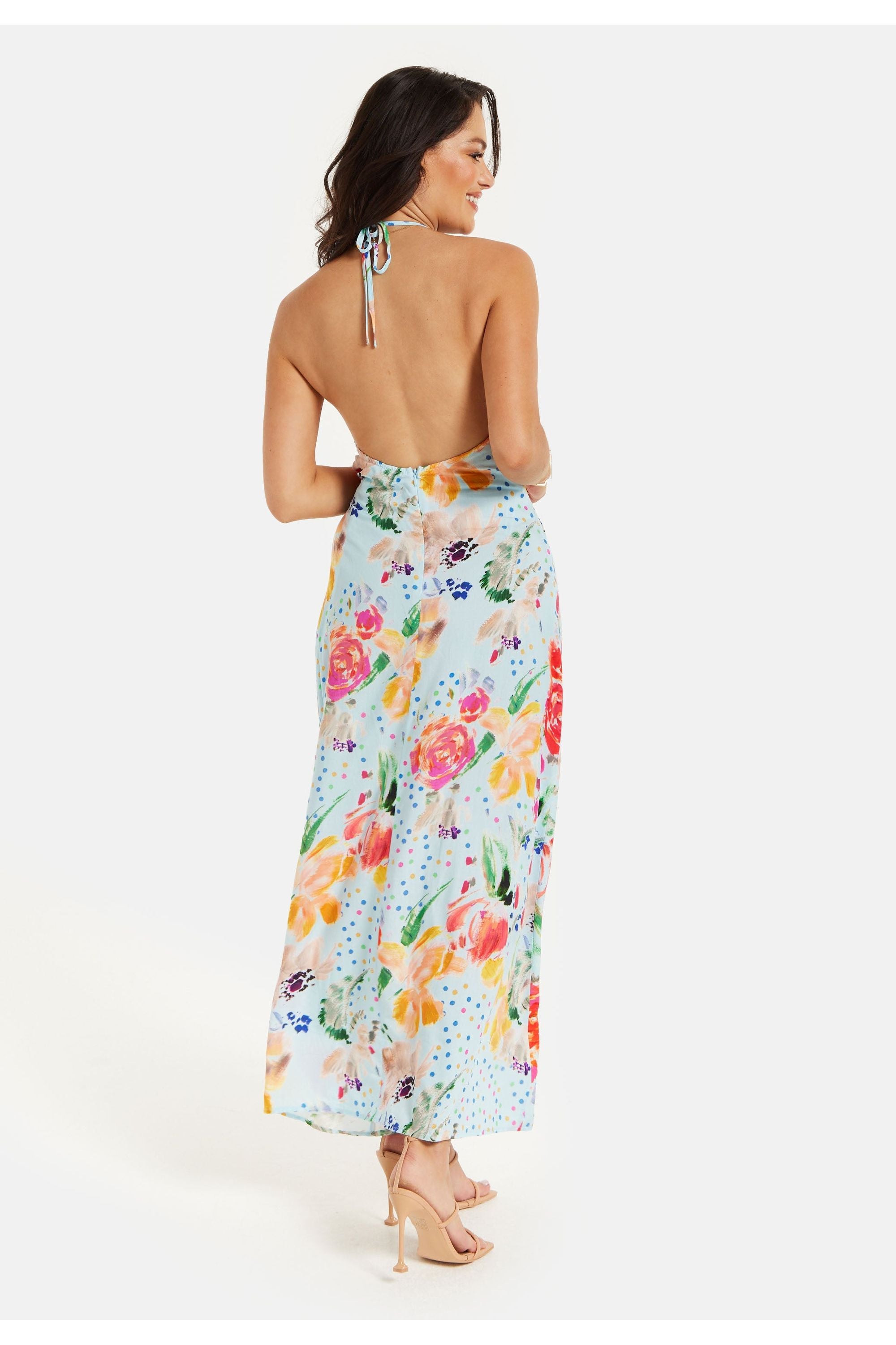 Blue Floral Print Midi Asymmetrical Dress With Open Back LIQ23SS1582