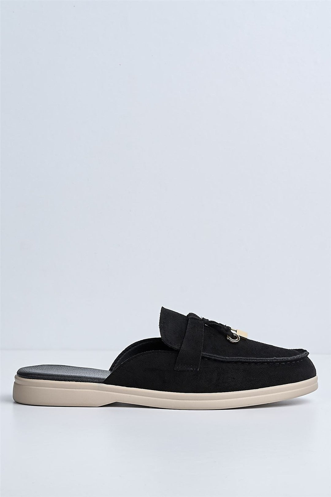 Adaloria Padlock Charm Backless Flat Loafers In Black White Sole PANTHER2-BLKWHTS