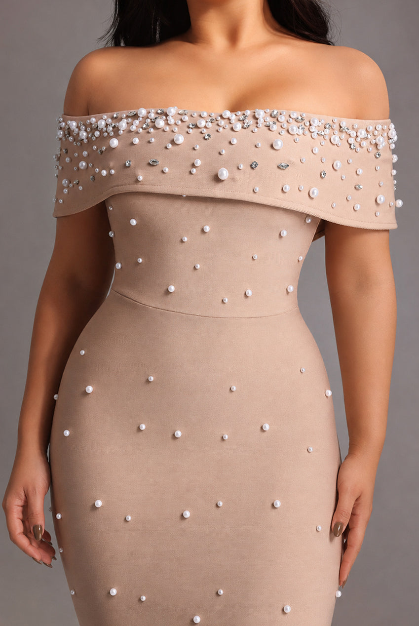 Isme Elegant Contour Off Shoulder Pearl Rhinestone Bandage Maxi Dress D260301428
